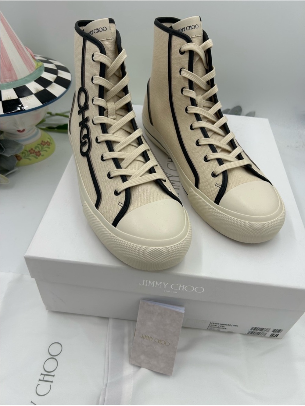Jimmy Choo Cream and Black High-Top Canvas Sneakers. Size 44.5